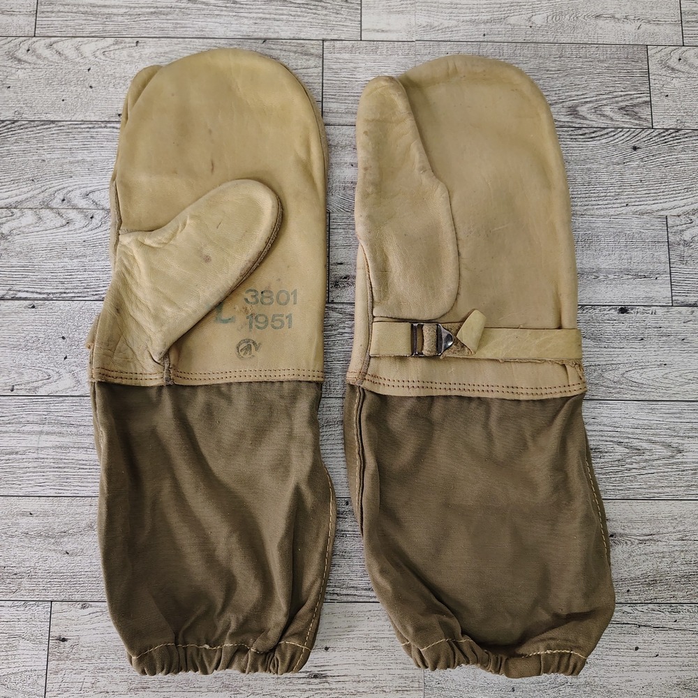 Vtg 1951 Gunners Mittens Trigger Finger Leather Military Gloves Korean War Era L
